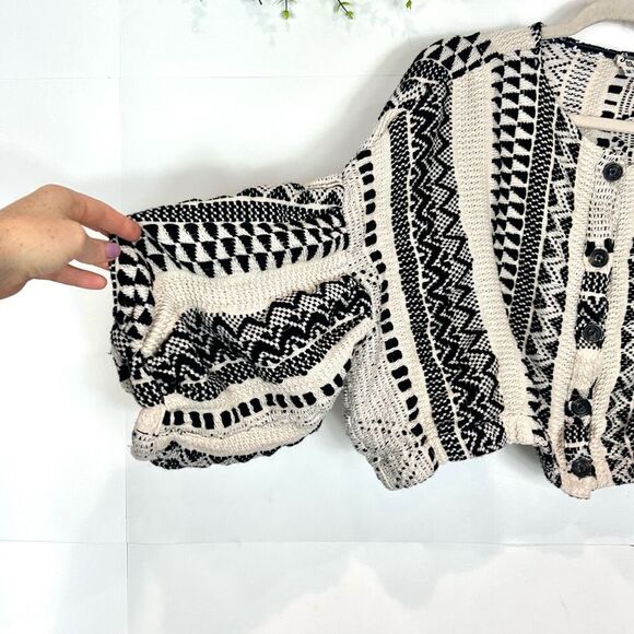 Ivy Jane Tribal Knit Aztec Button-Front Crop Cardigan Sweater Puff Sleeve Boxy - Picture 6 of 14
